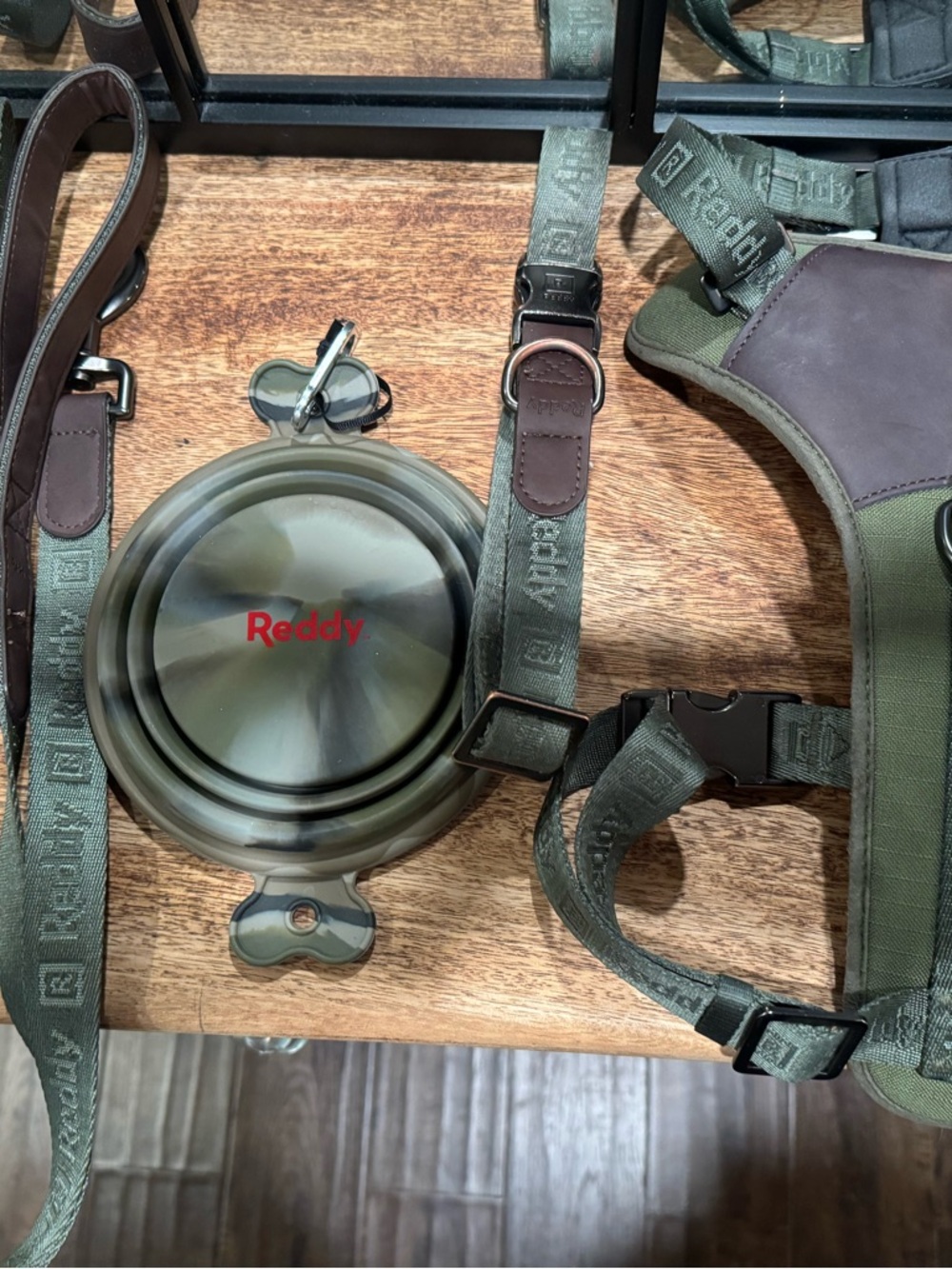Reddy Collapsible Travel Pet Bowl with Olive Green Harness Set